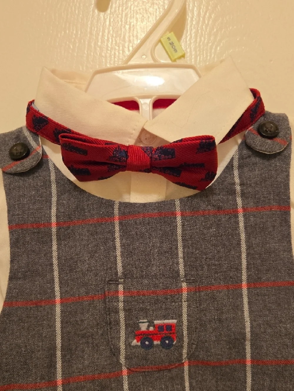 Baby Boys Gray Plaid Romper with Red Bow Tie, NWT.
